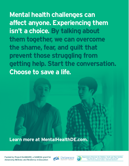 DelawarePBS's tweet photo. When we talk and listen, we can overcome the fear, shame, and guilt that often prevent those struggling with #mentalhealth challenges from getting help. Learn more about mental health and wellness — and start the conversation. https://t.co/Tz6OjenwvA
#SaveALife #ProjectDelAWARE https://t.co/1yMv7pUEJh