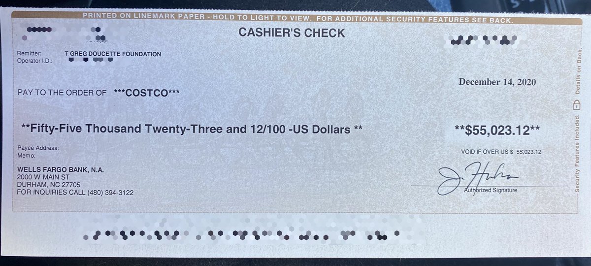 The first picture: the cashier's check I just picked up from Wells FargoAs always, 100% of every donation we receive goes back out the door