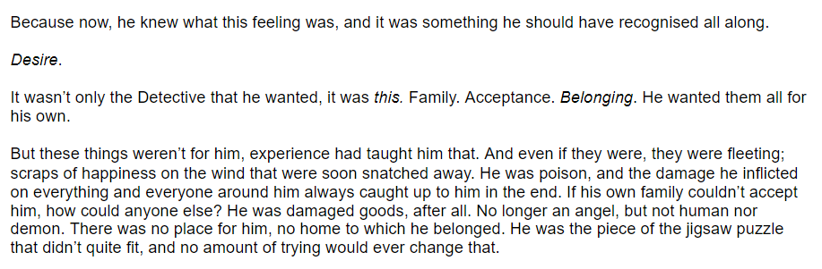 NotOneLineFF's tweet photo. Q. If you had to pick one fic/scene/chapter of your work to describe your entire portfolio to a stranger, which would you pick?
A. Oh man, it's got to be something super angsty, hasn't it? I can't think of anything in particular, so I'll go with something unpublished... #AskGame https://t.co/ueLOMAe60v