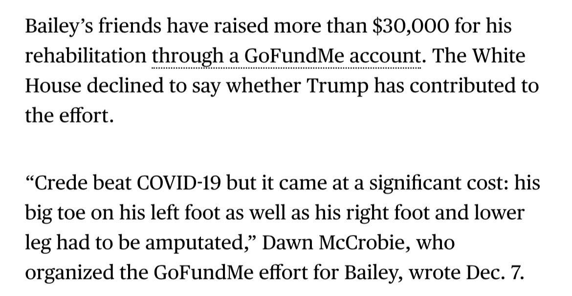 ericuman's tweet image. The White House’s chief security officer just had his leg amputated bc of COVID, and his family has had go to GoFundMe to help pay for it all. 

“The White House declined to say whether Trump has contributed to the effort.” 

bloomberg.com/news/articles/…