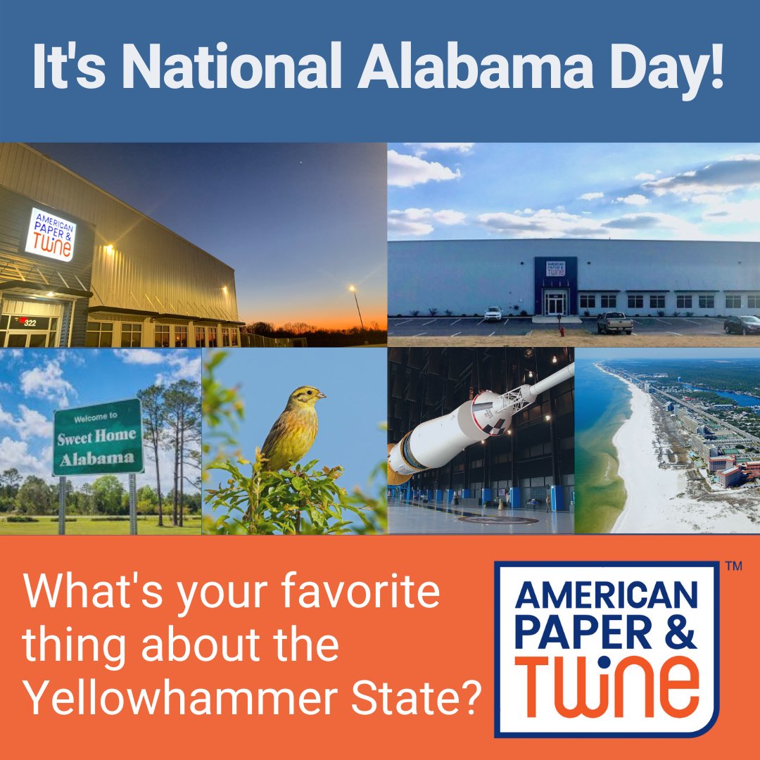 shopapt's tweet photo. It’s #NationalAlabamaDay! Officially in Alabama for 5 years now! Our facility, 24 employees, and a growing fleet provide AL businesses with fast delivery of all the products they need when they need them. What’s your favorite thing about Alabama? #APandT #ShopAPT #ItsTwineTime https://t.co/RLV0tDEmcD