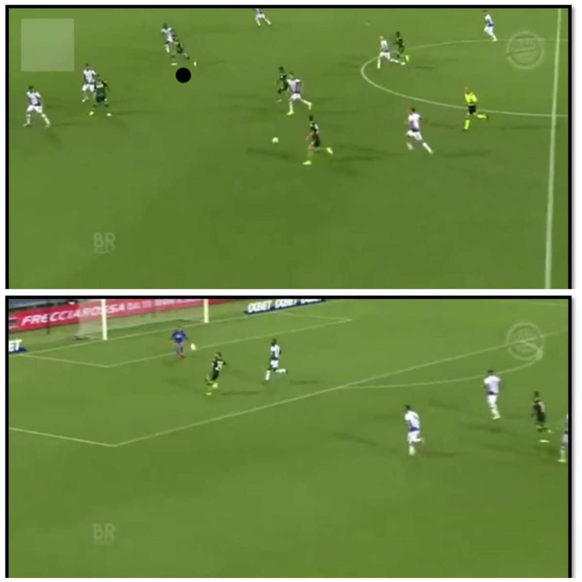 Here we can see Locatelli making a dash forward and had two options upfront. He could pass it to the player in front of him but he was double marked by the opposition players, so he quickly found another option as one of his teammate was making a run into space highlighted (1/2)