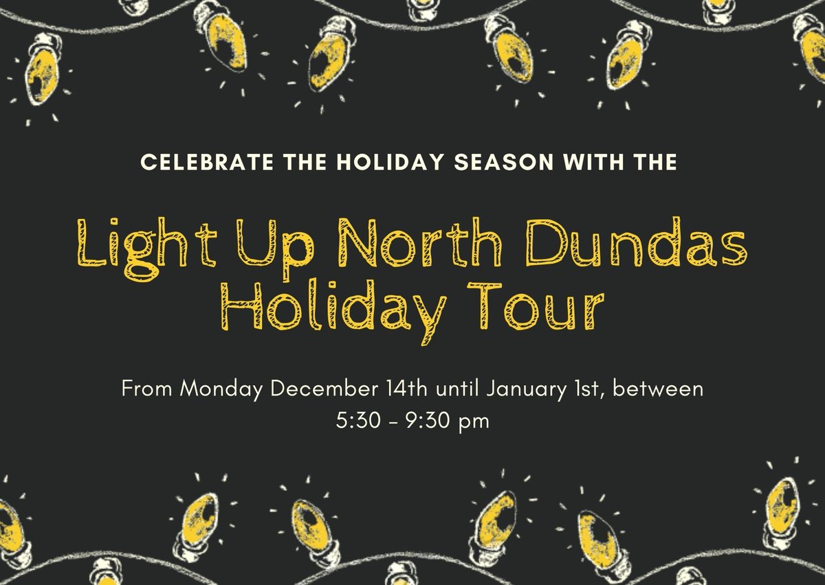 The "Light Up North Dundas" Holiday Tour starts tonight!  From Dec 14th until Jan1st, between 5:30 – 9:30 pm. Follow the map and drive by to cast your votes. For an interactive map experience please see the link below: storymaps.arcgis.com/stories/1116c7…