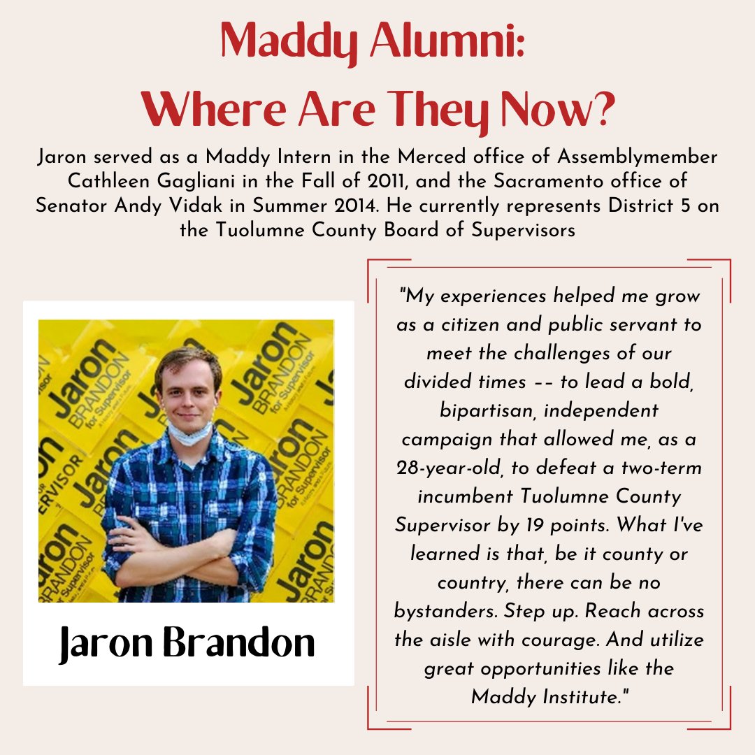 MaddyInstitute's tweet photo. Jaron Brandon @jaronbrandon is a Maddy internship alum and featured in our  Alumni Newsletter. Now he represents District 5 on the Tuolumne County Board of Supervisors and this is what he had to say about his time as a Maddy Intern. https://t.co/MXqPXXZRJi