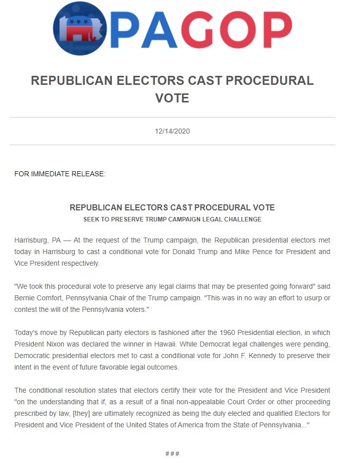 There are some pretend electors holding pretend meetings in some states. The Pennsylvania Republican Party says their procedural vote "was *in no way* an attempt to usurp or contest the will of the Pennsylvania voters", capturing some of the cross-pressures over this charade.
