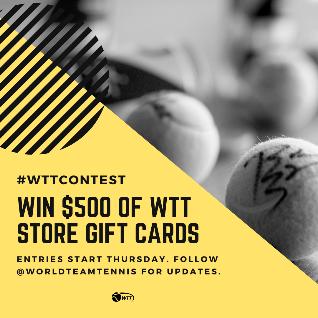 WorldTeamTennis's tweet photo. Want to win exclusive signed merch?🖋 We’re giving away five HUGE packages including $3,000 of prizes. 🎁 Entries start Thursday. Follow @worldteamtennis for updates.✨Enter to win a signed player poster using #WTTContest.✨ Get more info → https://t.co/SKRbdQNI5Q https://t.co/srpKYJphxN
