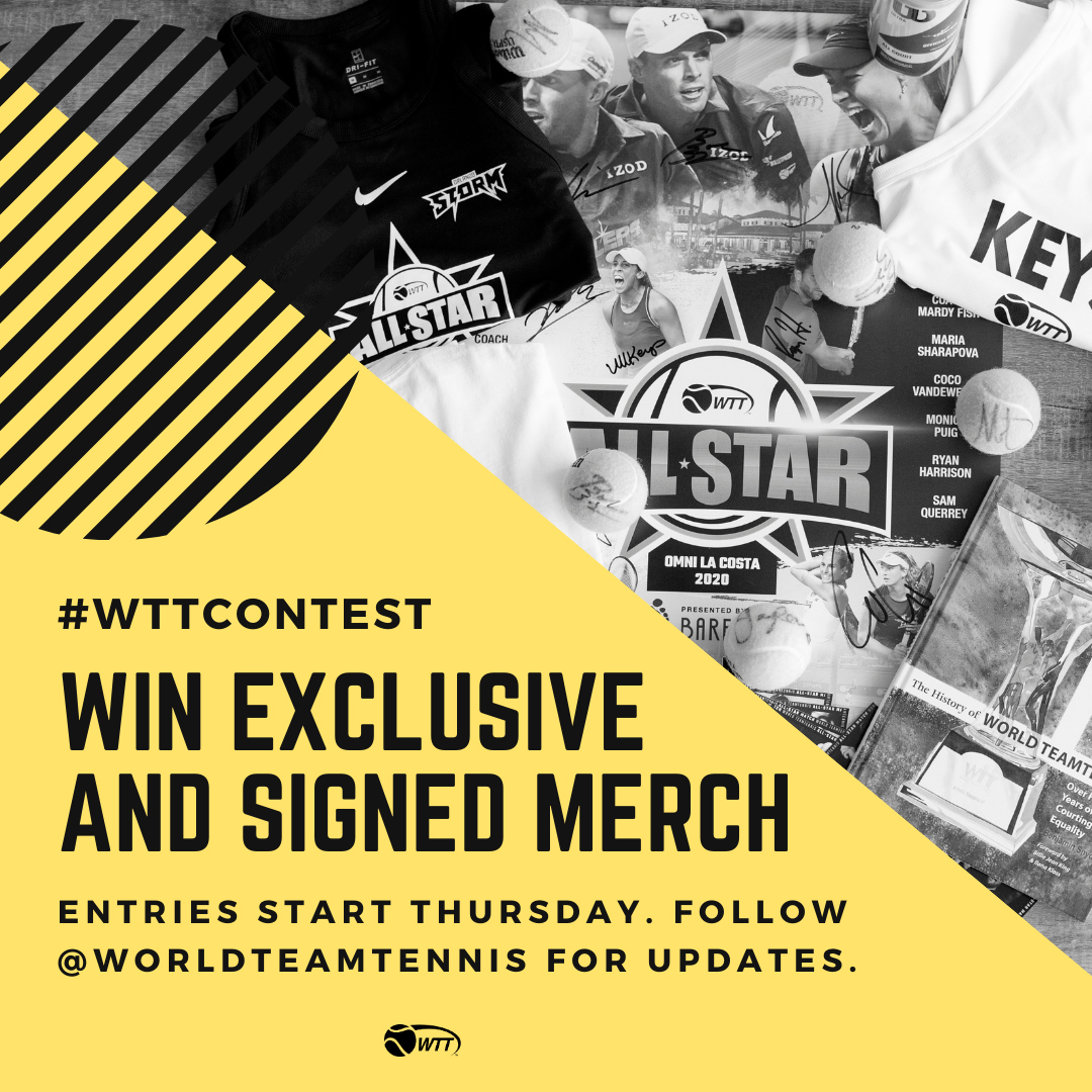 WorldTeamTennis's tweet photo. Want to win exclusive signed merch?🖋 We’re giving away five HUGE packages including $3,000 of prizes. 🎁 Entries start Thursday. Follow @worldteamtennis for updates.✨Enter to win a signed player poster using #WTTContest.✨ Get more info → https://t.co/SKRbdQNI5Q https://t.co/srpKYJphxN