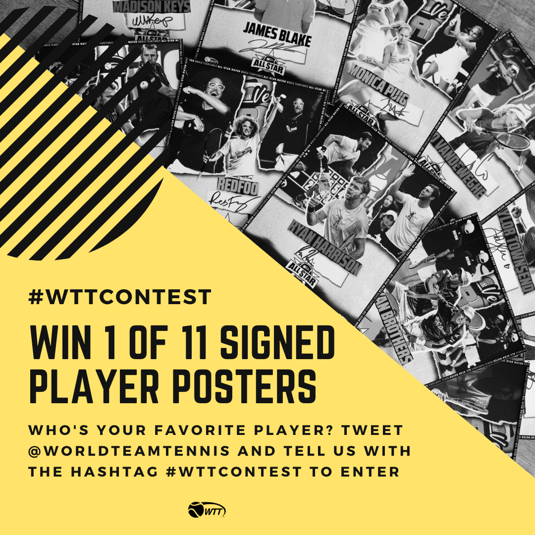 WorldTeamTennis's tweet photo. Want to win exclusive signed merch?🖋 We’re giving away five HUGE packages including $3,000 of prizes. 🎁 Entries start Thursday. Follow @worldteamtennis for updates.✨Enter to win a signed player poster using #WTTContest.✨ Get more info → https://t.co/SKRbdQNI5Q https://t.co/srpKYJphxN
