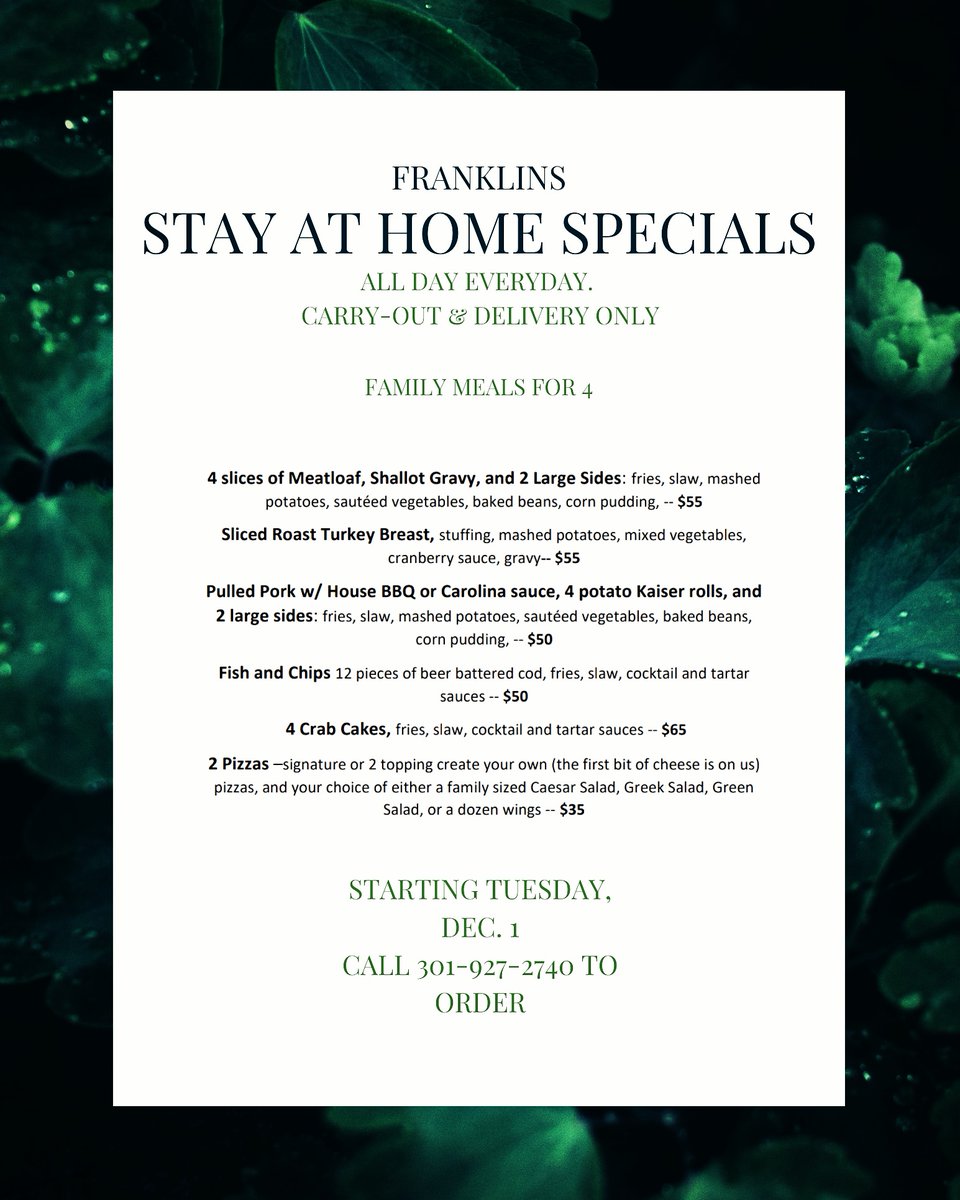 FranklinsBrew's tweet photo. ✨Stay at Home Specials! Available for carry-out all day, every day. Get it delivered by calling from 4pm-8pm! Feed the whole family from Franklins ❤️
#franklins #quarantinedining #carryout #localdelivery #hyattsville #riverdale #universitypark #familymeal #SupportSmallBusinesses https://t.co/XWqIbdfZXY