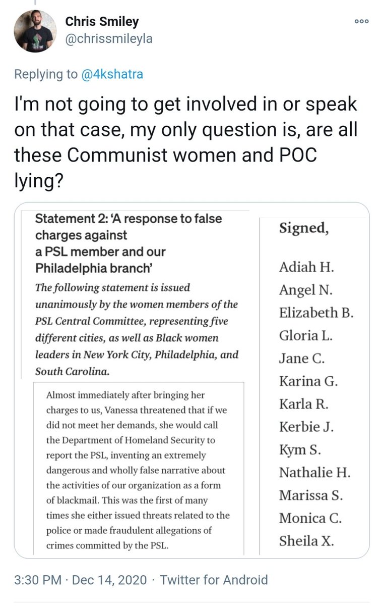 Tokenism works which is why PSL used women and people color as the tip of their spear against  @GAclarado. "It's not racism if the cop is Black!" — Chris Smiley, probably.  https://mobile.twitter.com/fash_busters/status/1338542467856076807