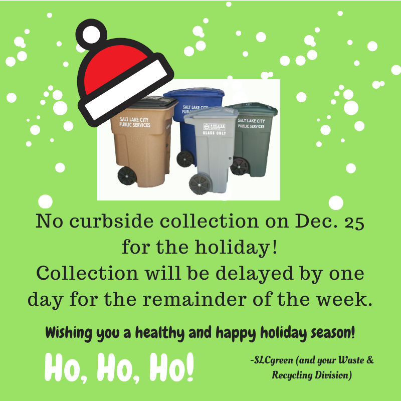 SLCgreen's tweet photo. Christmas is almost here! If your normal curbside collection days is Friday the 25th, your collection will be delayed one day due to the holiday.
@SLCgov @slcmayor @slcCouncil
#CurbsideCollection #WasteAndRecycling #SLCrecycles #Compost #Recycling https://t.co/bjPktc39Ls