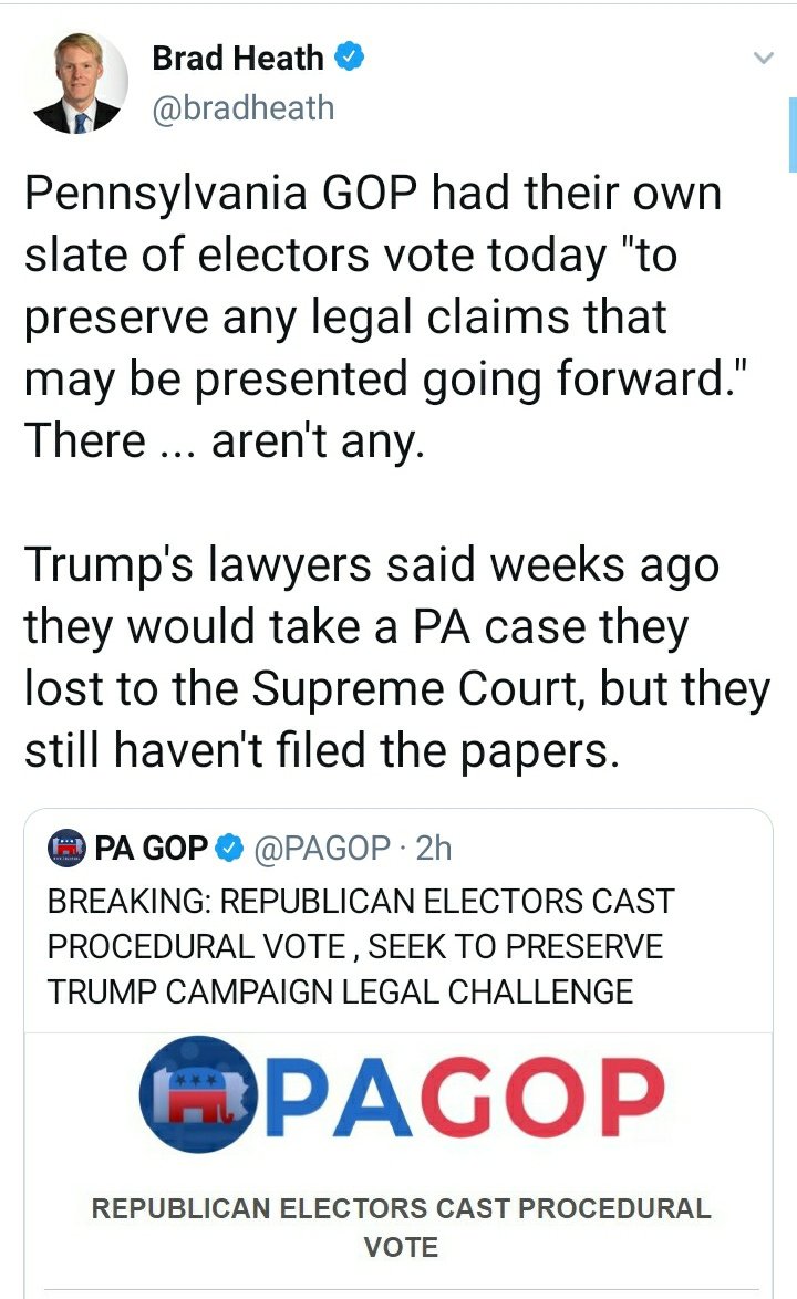 Yet Trump has no outstanding legal challenge in PA. His campaign put out a press statement on Nov 22nd saying the defeat would help them get quickly to the Supreme Court, but didn't file anything to a court about that.
