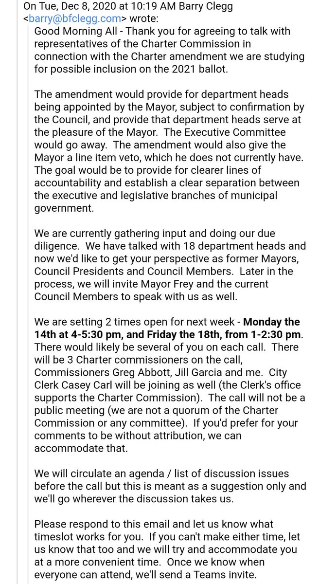 Here's the email soliciting feedback from former Minneapolis mayors and council members. Clegg writes that the three commissioners are avoiding a public record of these discussions by limiting participation to less than a quorum of the commission.