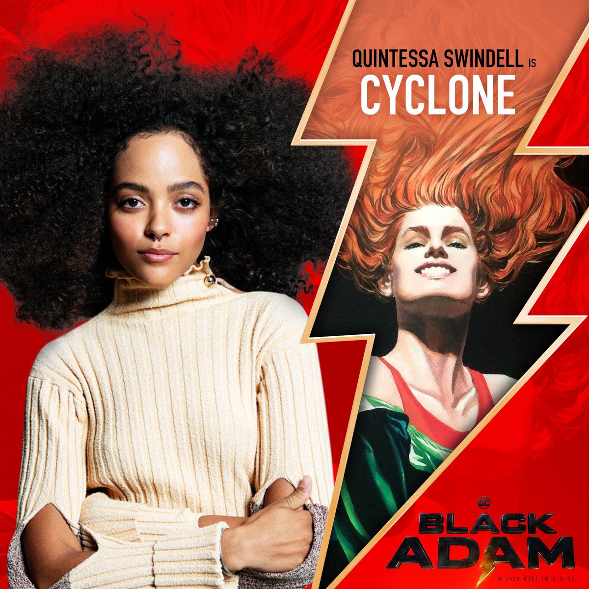 The #BlackAdam movie, which production has been delayed to start at SPRING 2021, has just cast  #QuintessaSwindell as #Cyclone, the character that kinda replaced #Hawkgirl in the script due unknown reasons. 
#TheRock’s movie, previously set to DEC 22, 2021, is currently TBD.