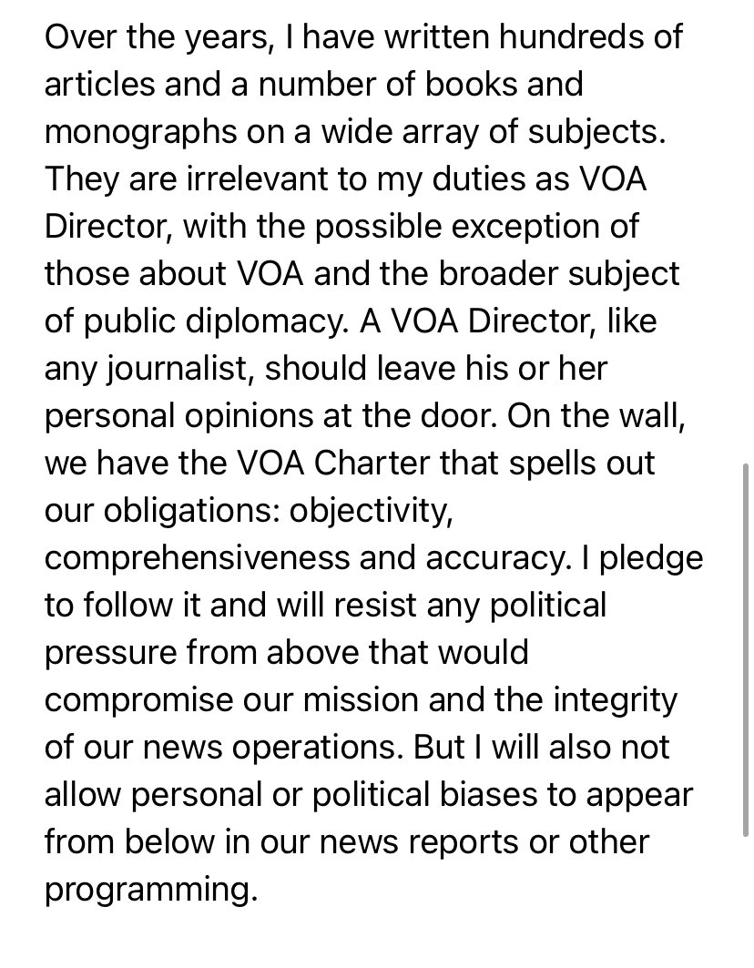 Reilly obliquely addresses controversy stirred by past stances against Muslims and gay marriage:“Over the years, I have written hundreds of articles and a number of books and monographs on a wide array of subjects. They are irrelevant to my duties as VOA Director.”Statement:
