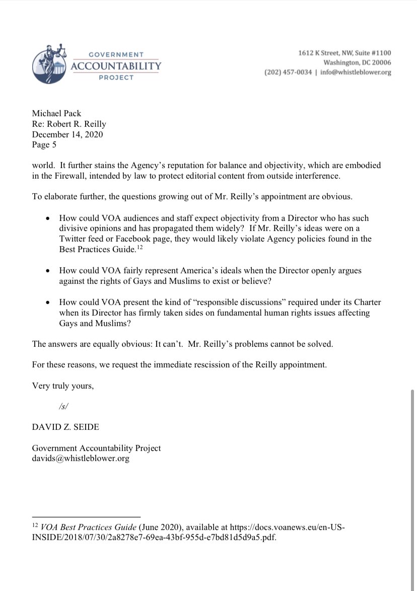 The whistleblower letter says Reilly cannot adequately represent US values through VOA given his own beliefs. There is also fear that Reilly can help Pack circumvent federal judge’s ban on USAGM interfering with newsroom decisions. Here’s final page of whistleblower letter