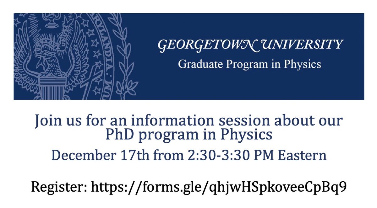 GUPhysics's tweet image. Looking at physics grad schools? Learn about opportunities at Georgetown - including the Industrial Leadership in Physics track for students interested in careers in industry -  and get advice about the application process. Register for our Dec 17 webinar: forms.gle/qhjwHSpkoveeCp…