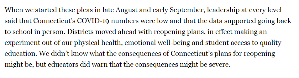 1/ They acknowledge in late Aug "COVID-19 numbers were low and that the data supported going back to school in person." Nevertheless, they accuse districts of making an "experiment out of our physical health, emotional well-being and student access to quality education."
