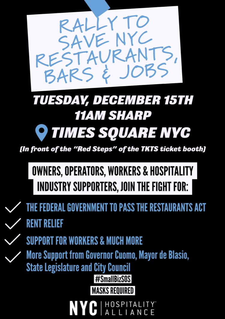 URGENT CALL TO ACTION: ATTEND RALLY TO SAVE NYC RESTAURANTS, BARS &amp; JOBS
TOMORROW TUE TIMES SQ 11am #SmallBizSOS