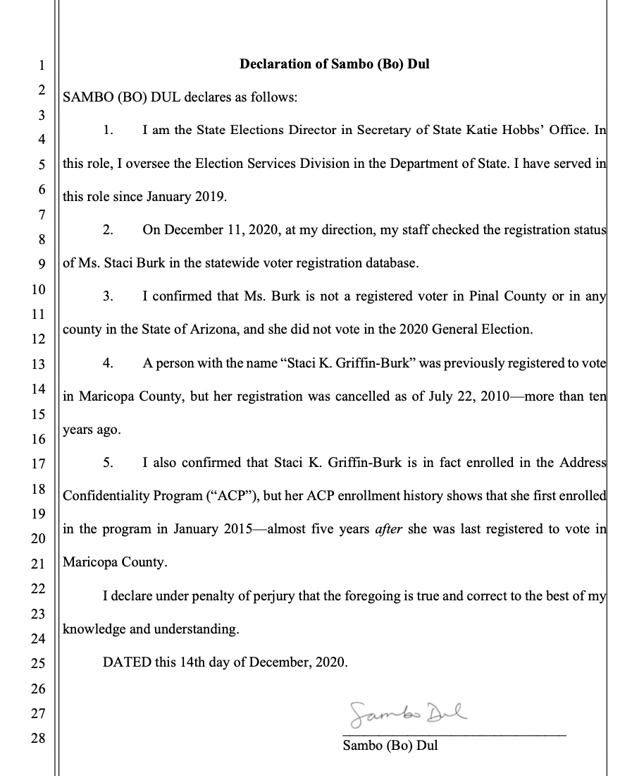 Burk says she doesn't know where they're getting the 10 years from, that the registration conversation happened 'recently.' They got that info from the statewide voter registration database.