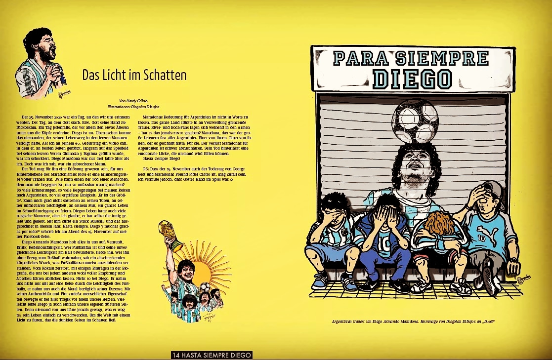 DiegolanDibujos's tweet photo. Nuevamente tengo el Honor de ser parte de la revista @Zeitspielmag en #alemania .
En este mes tan especial para todos, fui parte de este recuerdo a nuestro querido Diego!
Muchas gracias!!! Abrazo de Gol!!!

#zeitspiel #zeitspielmagazin #fubball #Maradona #Diegolan #Dibujos https://t.co/GnZZA1psYV