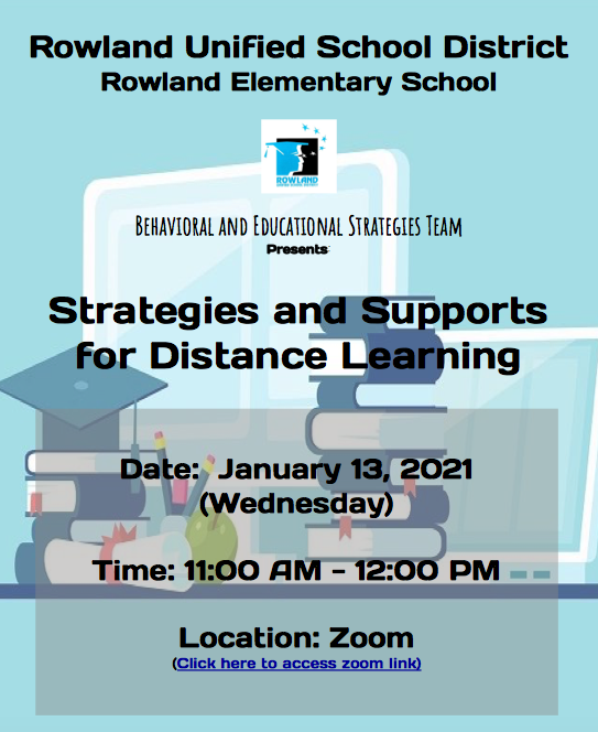 Rowland Elem Workshop for parents: Strategies and Supports for Distance Learning presented by RUSD BEST Team. 

Jan 13, 11am-12pm.

See the details in Parent Square

#WeAreRUSD 
<a href="/RowlandSchools/">Rowland Schools</a>  <a href="/StuServicesRUSD/">Student Services</a>