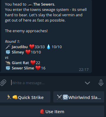 Jacudibu's tweet photo. @sweetpotatoes Hell yeah!
@TypoTales is a text based MMORPG / MUD with oldschool FF-Like turn-based battles, Pokemon-Style Party building and idle elements – played entirely in a Chatbot! We just launched into a closed alpha today. :) https://t.co/7hpgfLyf6M