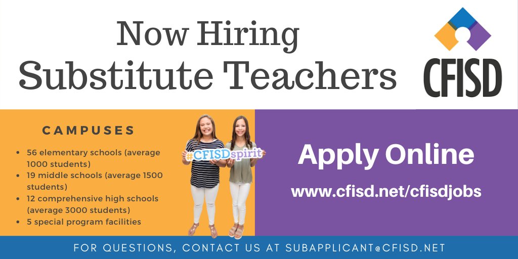 .@CyFairISD is hiring #SubstituteTeachers! 
How to get started subbing with us: cfisd.net/en/job-seekers… @cfisdmdob
#CFISDspirit #CFISDforAll #cfisdHR #CFISDjobs #OpportunityForAll