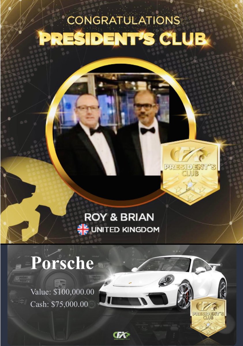 Congratulations to Brian and Roy who have achieved access to President’s Club at Forex Trading platform today..🏆💰

We are so proud of both of you achieving this fabulous level..💰👍
What a great achievement choosing a brand new Porsche car or taking the $75,000 dollars...💰💰💰