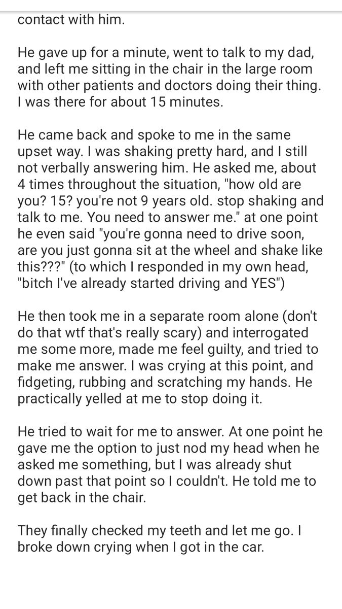 TW // described panic attackhere's an experience I had today that highlights everything you should NOT DO in one of these situations!TLDR: I shut down at the orthodontists, the doctor handled it extremely wrong, and it was the worst experience I've had in a little while.