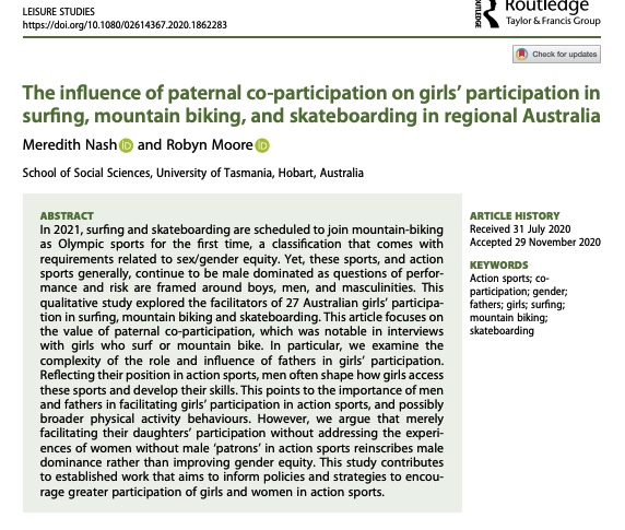 New @lsj_official article with @moore_robyn - on the importance of #fathers in facilitating #girls participation in #action #sports like #skateboarding, #surfing, and #mountainbiking. 50 free copies here: tandfonline.com/eprint/8WRGXYU…
