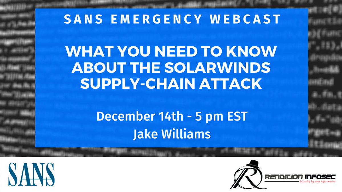 SANSInstitute's tweet photo. 🚨JUST 15 MINUTES TO GO!🚨
Get the latest information regarding the #Solarwinds incident from SANS Emergency Webcast led by @MalwareJake TODAY at 5pm EST. #solarigate 
Join us: https://t.co/yyiKeuzH5p https://t.co/pIK297iW4b