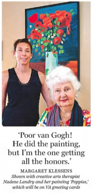 Bill died in 1993. In 2015, at the age of 90, her work in a VA art therapy program was so good the facility adopted it for use in its greeting cards. She used the occasion to reflect on World War I.