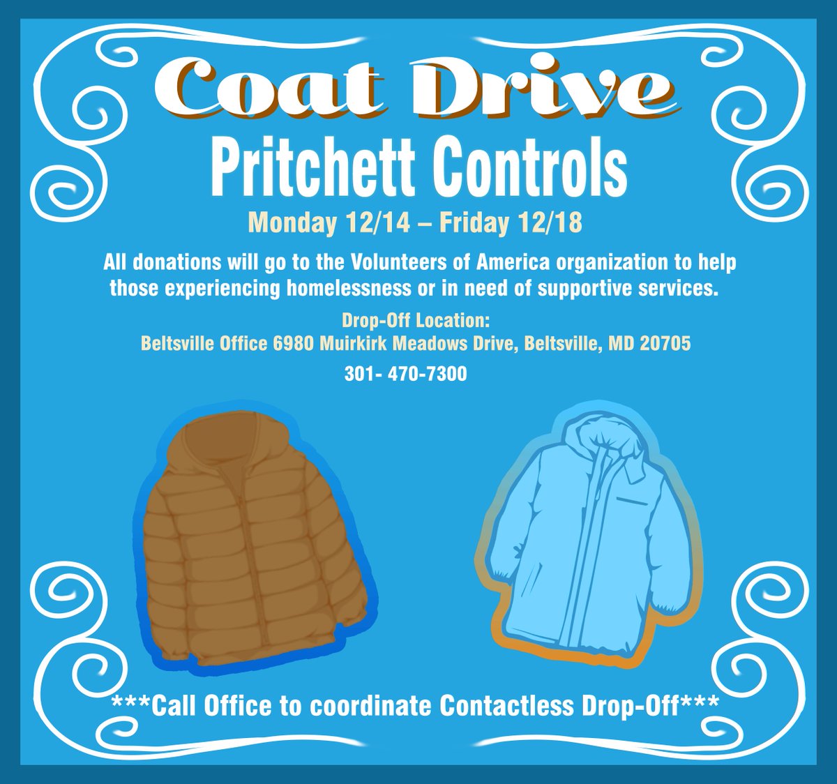 PritchettCtrls's tweet photo. In continuing to support those in need, Pritchett Controls is collecting coats for Volunteers of America that are clean, in great condition and for all ages throughout this week. Contact our office for more information on how to donate. #pritchettcontrols #coatdrive https://t.co/vYq07bJsSR