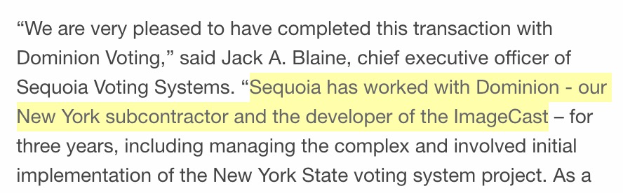 Ramsland: "Dominion software is licensed from Smartmatic"FALSEDominion software is not licensed from Smartmatic https://www.dominionvoting.com/election2020-setting-the-record-straight/ https://www.smartmatic.com/smartmatic-factchecked/Sequoia (formerly owned by Smartmatic) sub-contracted Dominion to develop ImageCast. https://www.businesswire.com/news/home/20090716005590/en/Sequoia-Voting-Systems-Assigns-New-York-State-Voting-System-Contract-to-Its-New-York-State-Partner-and-ImageCast-Equipment-Developer-Dominion-Voting-Systems3/