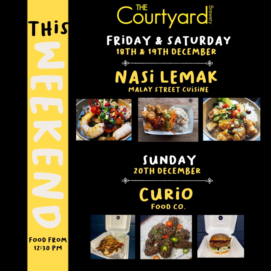 The Courtyard .sip (@thecourtyardsip) on Twitter photo Street food 🚨 ALERT 🚨 <a href="/thecourtyardsip/">The Courtyard .sip</a> THIS WEEKEND. From 12:30pm
.
Friday 18th & Saturday 19th December <a href="/NasiLemak_MCR/">Malay Street Food</a> will be serving.
Sunday 20th December <a href="/CurioFoodCo/">Curio. Food Co</a> will be serving. Street food 🚨 ALERT 🚨 <a href="/thecourtyardsip/">The Courtyard .sip</a> THIS WEEKEND. From 12:30pm
.
Friday 18th & Saturday 19th December <a href="/NasiLemak_MCR/">Malay Street Food</a> will be serving.
Sunday 20th December <a href="/CurioFoodCo/">Curio. Food Co</a> will be serving.
