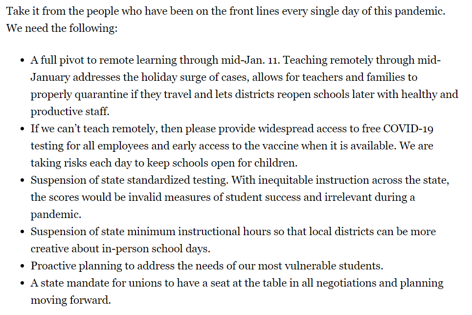7/ Now, what are these educators demanding? Well, they put them in a list here.They begin with demanding all-virtual schooling until mid-January, which "allows for teachers and families to properly quarantine if they travel."Teachers can travel, but not teach in person?