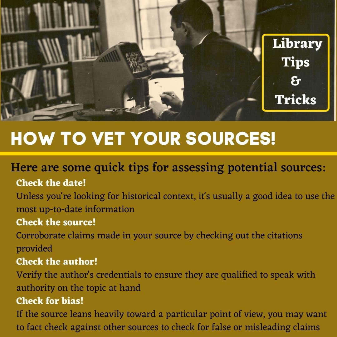 SLCLibrary's tweet photo. We understand it can be overwhelming to navigate the information landscape as you seek out sources for year-end research projects. Here are a few tips &amp; tricks to help you along the way! 

For more info, check out our Guide to Evaluating Information at https://t.co/QOrqn3U4YJ. https://t.co/JZFR2kLbuh
