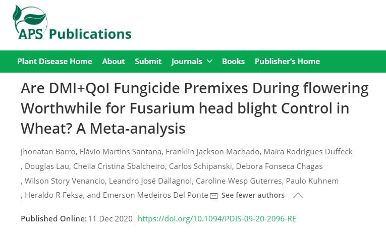 First look of our recent work on #Fusarium Head Blight management in wheat is already online on <a href="/PlantDiseaseJ/">Plant Disease</a> !

Check it out: doi.org/10.1094/PDIS-0…

<a href="/edelponte/">Emerson Del Ponte</a> <a href="/MahDuffeck/">Maíra Duffeck 🌾🍄🦠🔎🔬💻📊👩‍🔬👩🏼‍💻</a> <a href="/franklinjmachad/">Franklin Machado</a> <a href="/PauloKuhnem/">Paulo Kuhnem</a>