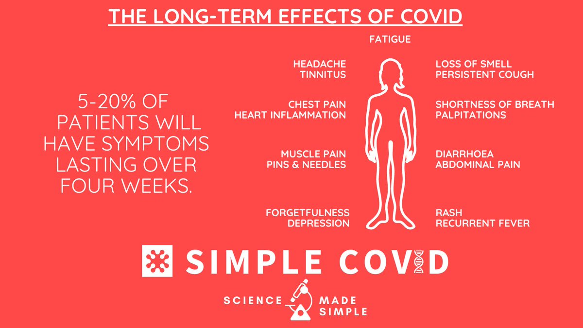 SimpleCovid's tweet photo. The Long-Term Effects of COVID

5-20% of patients have symptoms lasting > 4 weeks including:

-fatigue
-headache
-loss of smell
-shortness of breath
-palpitations
-chest pain
-muscle pain
-pins &amp; needles
-diarrhoea
-forgetfulness
-fever

Find out more | https://t.co/tIeVF3TEwx https://t.co/LrVJxudV6O