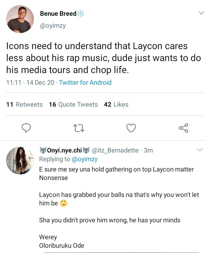 Because it is one thing to come for Laycon as regarding a BBN drama and it is entirely different ball game to come for his music career.. A lot of iCONs got really emotional while others were still trying to make sense off the rubbish cus it obviously seemed planned.