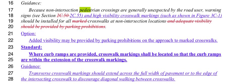 Also seems good to require that the crosswalk markings meet the curb ramps