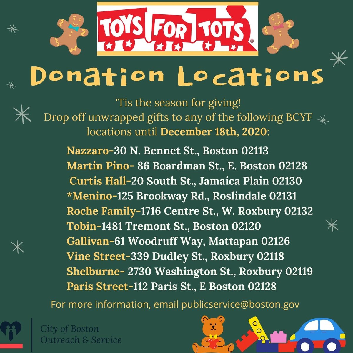 BostonNeighbor's tweet photo. If you can, consider donating a new, unwrapped toy to
@Toys4TotsBoston this holiday season. Donations will be accepted until 12/18.
There are donation boxes at:
🧸@CityOfBoston City Hall
🧸@BostonFire stations
🧸stand-alone @BCYFcenters
🧸@CityofBostonCU locations
#BosGives https://t.co/jhKWYl3q4U