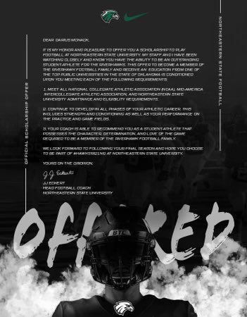 dariusmcnack24's tweet photo. After a great talk with @CoachJeffBowen I am blessed to say I have received an offer from Northeastern State University to continue my football and academic career!!! @NSU_Football @CoachJJEckert 
#goriverhawks https://t.co/L5GXMnr5VZ