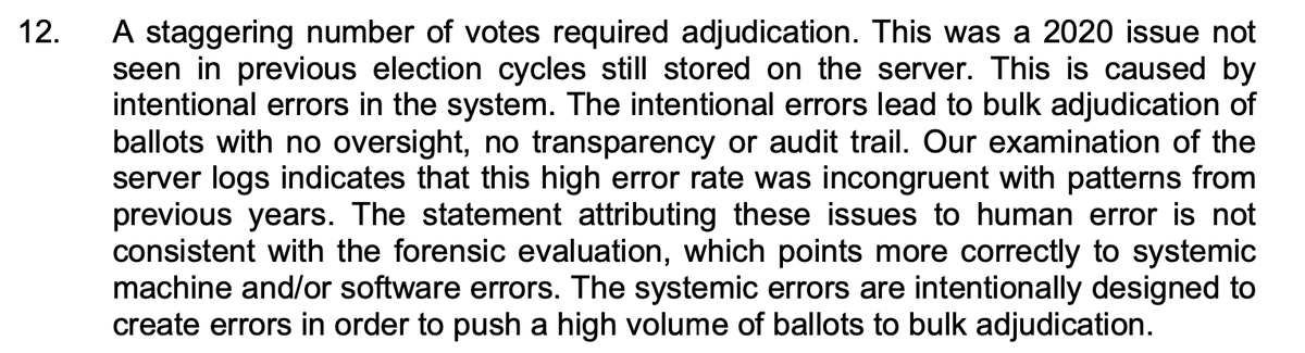 Lot's of alleging of intent, but the doc lacks the evidence to back it up (unless it's in the redacted portions). It also ignores that there was a pandemic this year, and many ballots were mailed in, which could result in deformations that make them difficult to scan in.