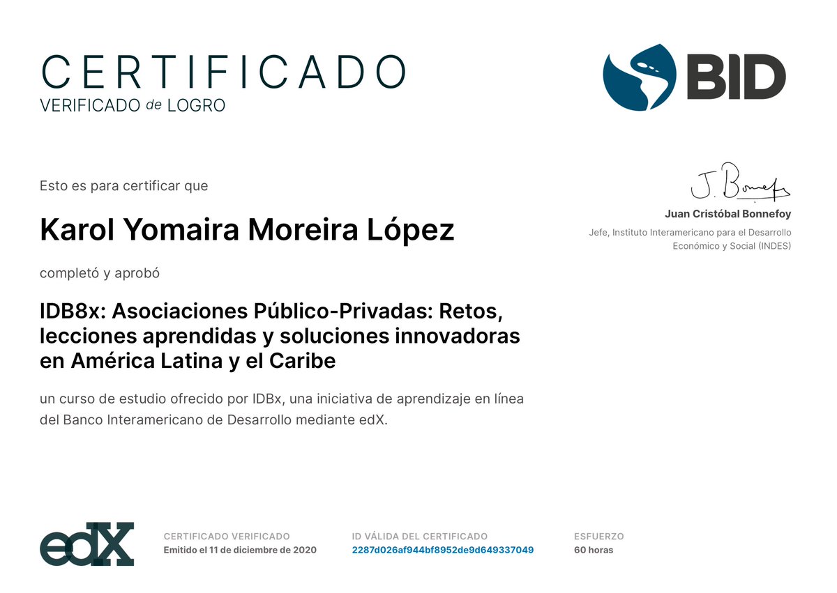 YomiMoreiraL's tweet photo. Done!🤓💯
Curso de Asociaciones Público-Privadas: Retos, lecciones aprendidas y soluciones innovadoras en América Latina y el Caribe. ✅ #APPLAC #BID https://t.co/6XByCNuv08