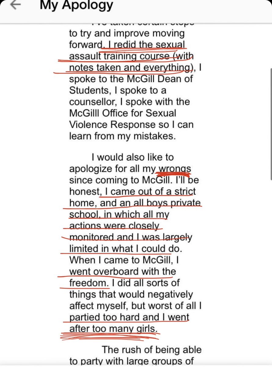 VCcom315's tweet photo. This is a @mcgillu student's apology for multiple counts of sexual assault. The University has done nothing - students are demanding better, they are demanding action.

We stand with victims of sexual assault. 

#callingoutmcgill #mcgill #mcgilluniversity https://t.co/iNScKpCPmn