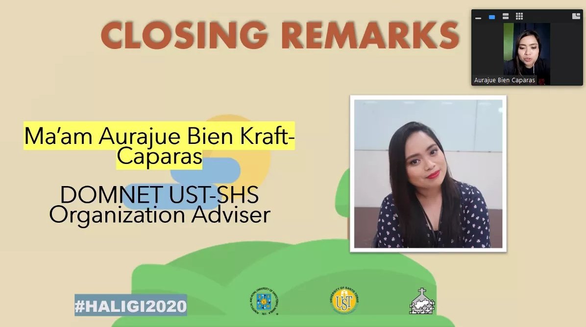 domnetustshs's tweet photo. Happening Now: Closing Remarks by Ms. Aurajue Blen Kraft-Caparas, DOMNET UST SHS Organization Adviser
#DOMNET #HALIGI2020 π‘ https://t.co/eu1c7RUZdJ