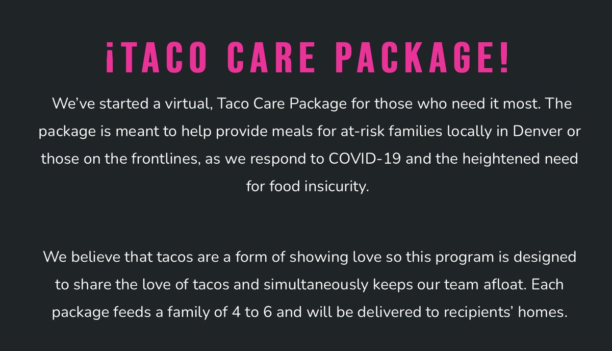 combitaco's tweet photo. Give the Gift of #Tacos with our Taco Care Package. Each week we will give a family of 4-6 a taco pack + a grocery box from our kitchen.  

WE ARE NOW OPEN 

#smallbusiness #denvernews https://t.co/I4szhpAKGh
