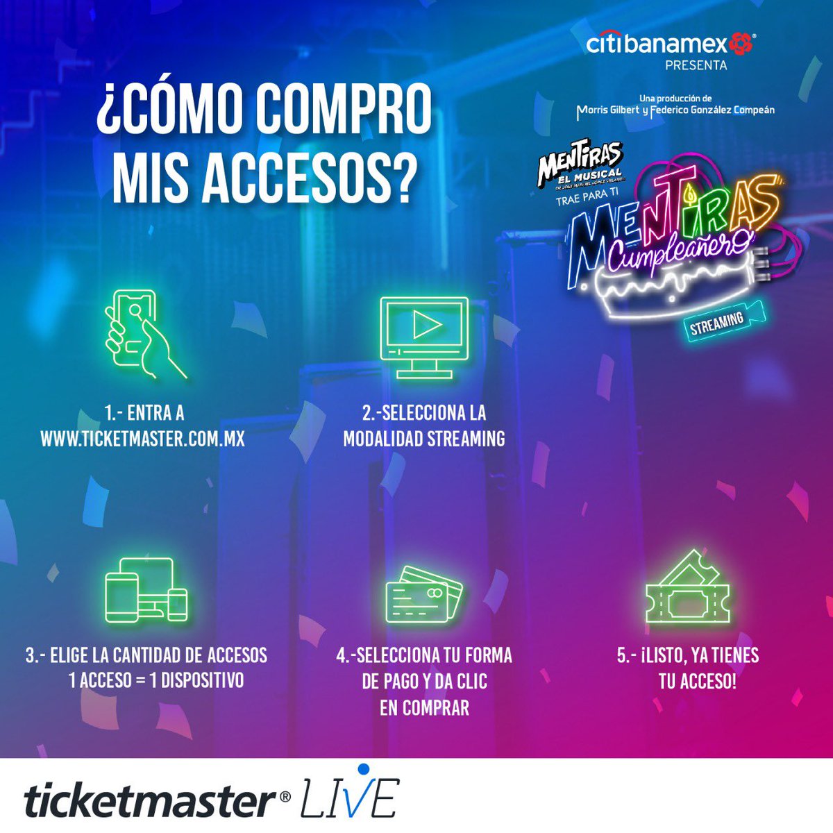 Así puedes comprar tus accesos para #MentirasCumpleañero ¿listo para celebrar? Te vemos por Ticketmaster Live este 19 de diciembre. 

Tus accesos te están esperando aquí: bit.ly/CumpleStM

@Citibanamex,  #ExperienciasCitibanamex.